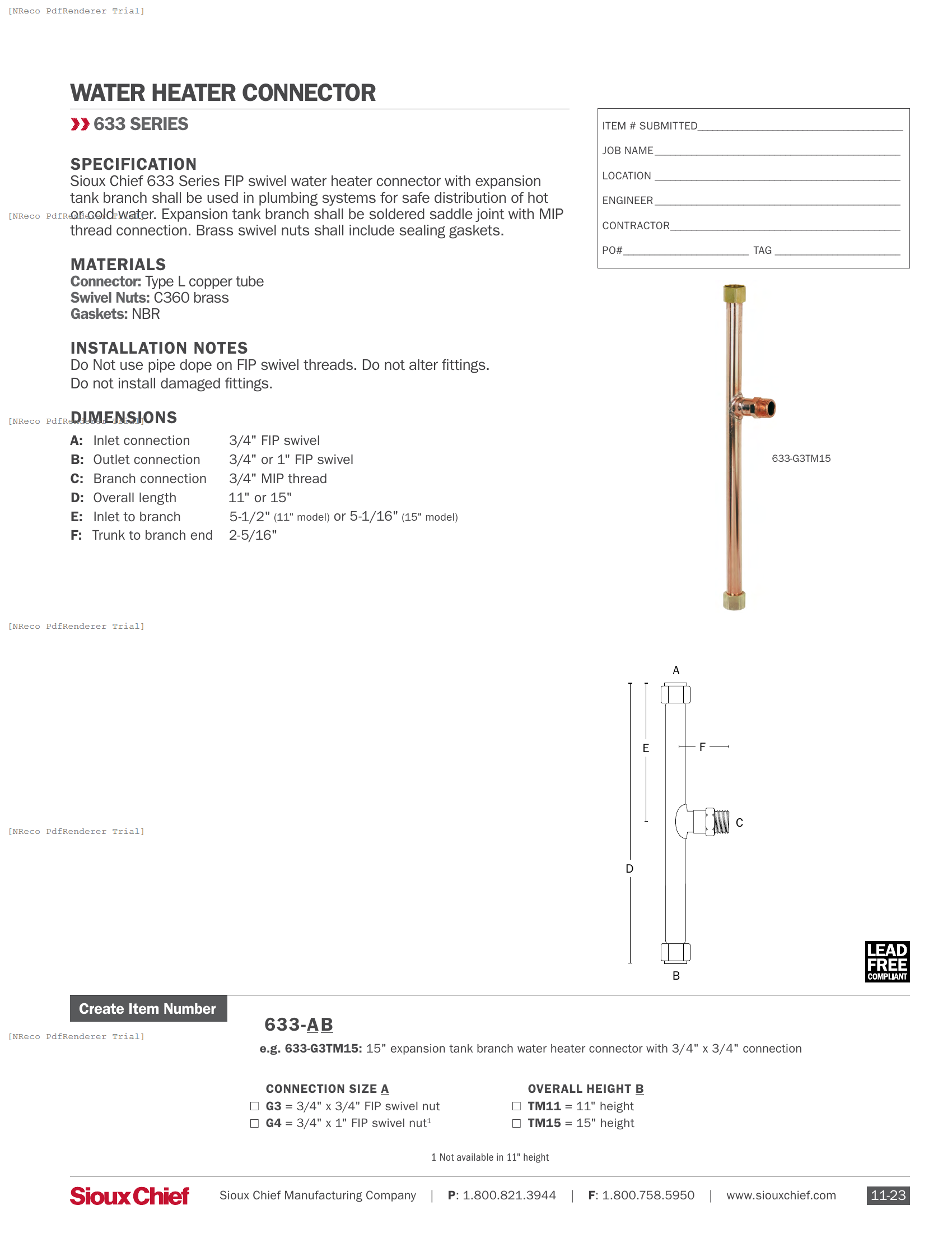 633 SERIES - FIP WATER HEATER CONNECTOR WITH MIP BRANCH - SPEC SHEET.PDF Specification Document